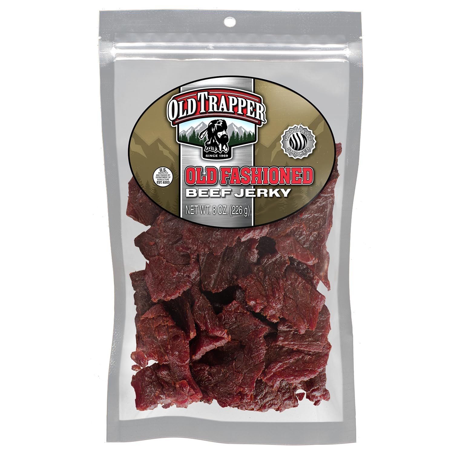 Old Trapper front packaging showing resealable 8-ounce bag and convenience benefit