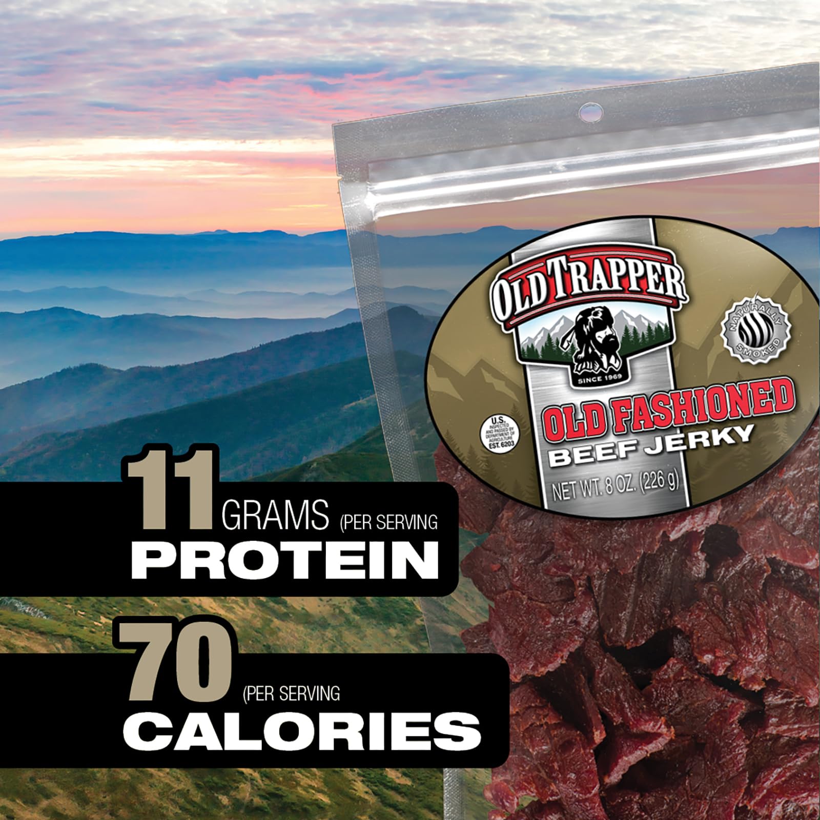 Old Trapper label and nutrition panel showing protein and calorie information benefit
