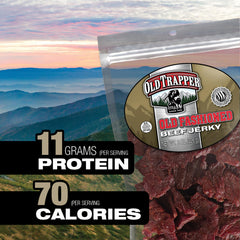 Old Trapper label and nutrition panel showing protein and calorie information benefit
