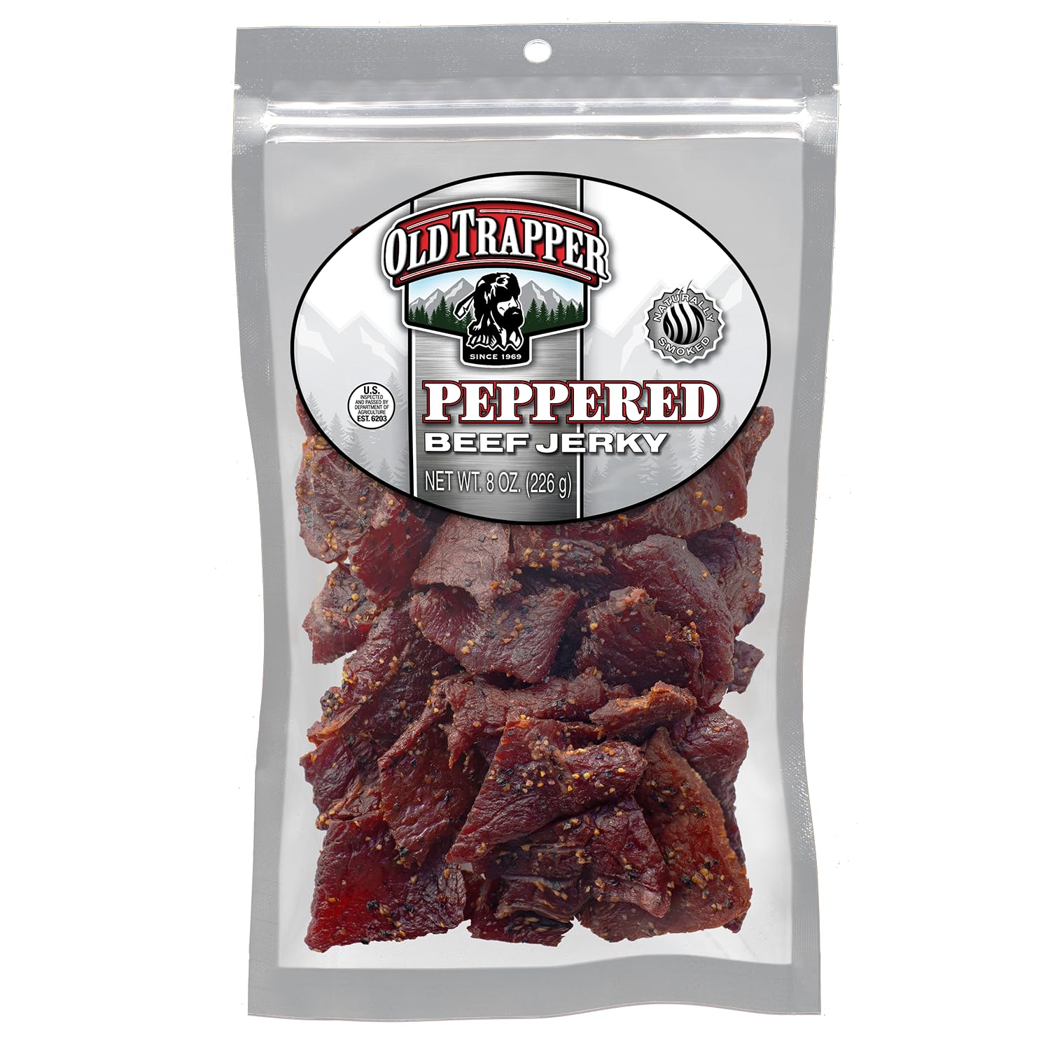 Old Trapper front packaging showing resealable bag and product benefits