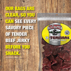 Old Trapper close-up of teriyaki jerky texture highlighting tender slices