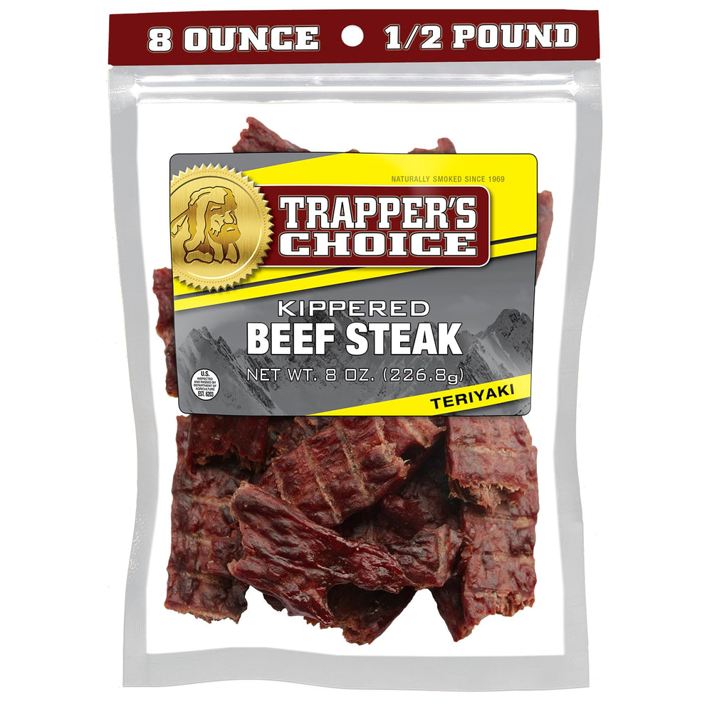 Old Trapper front package showing resealable eight-ounce bag and clear view