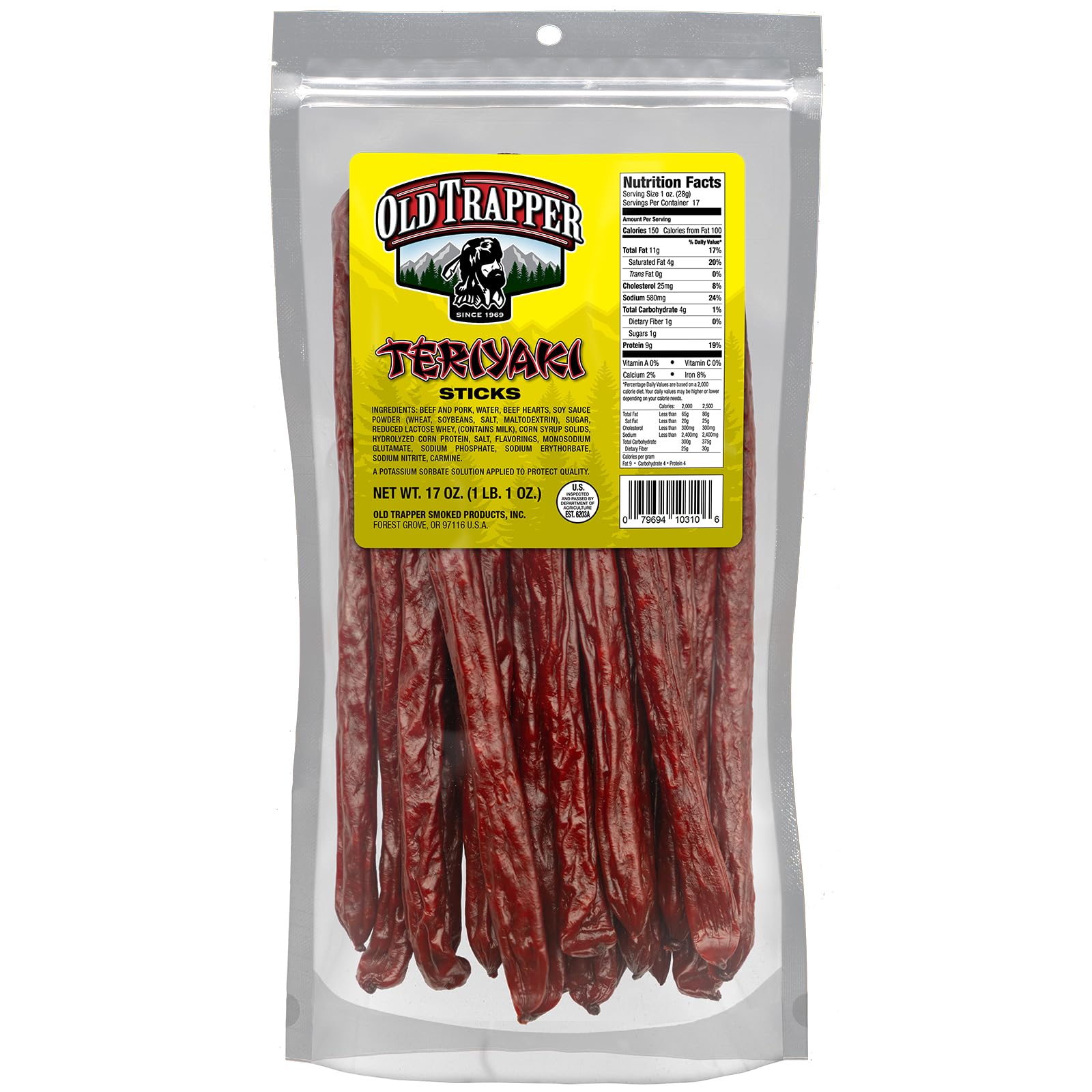 Old Trapper teriyaki front packaging showing resealable 17-ounce bag and teriyaki meat sticks for convenient protein snacking