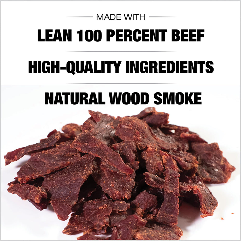 Old Trapper jerky served on wooden board illustrating portion size and appeal