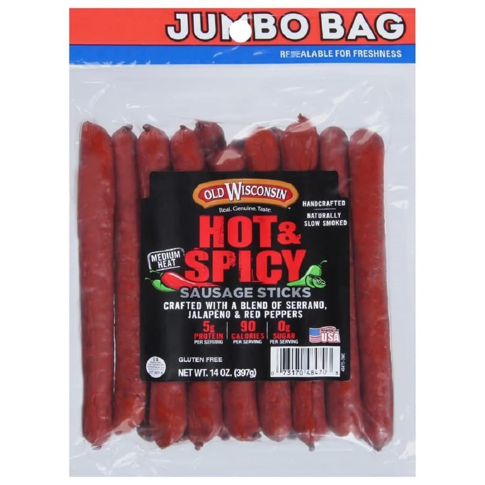 Old Wisconsin front view of 14 oz resealable hot and spicy pack showing bold branding and convenience