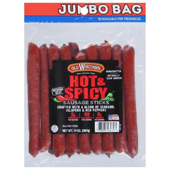 Old Wisconsin front view of 14 oz resealable hot and spicy pack showing bold branding and convenience