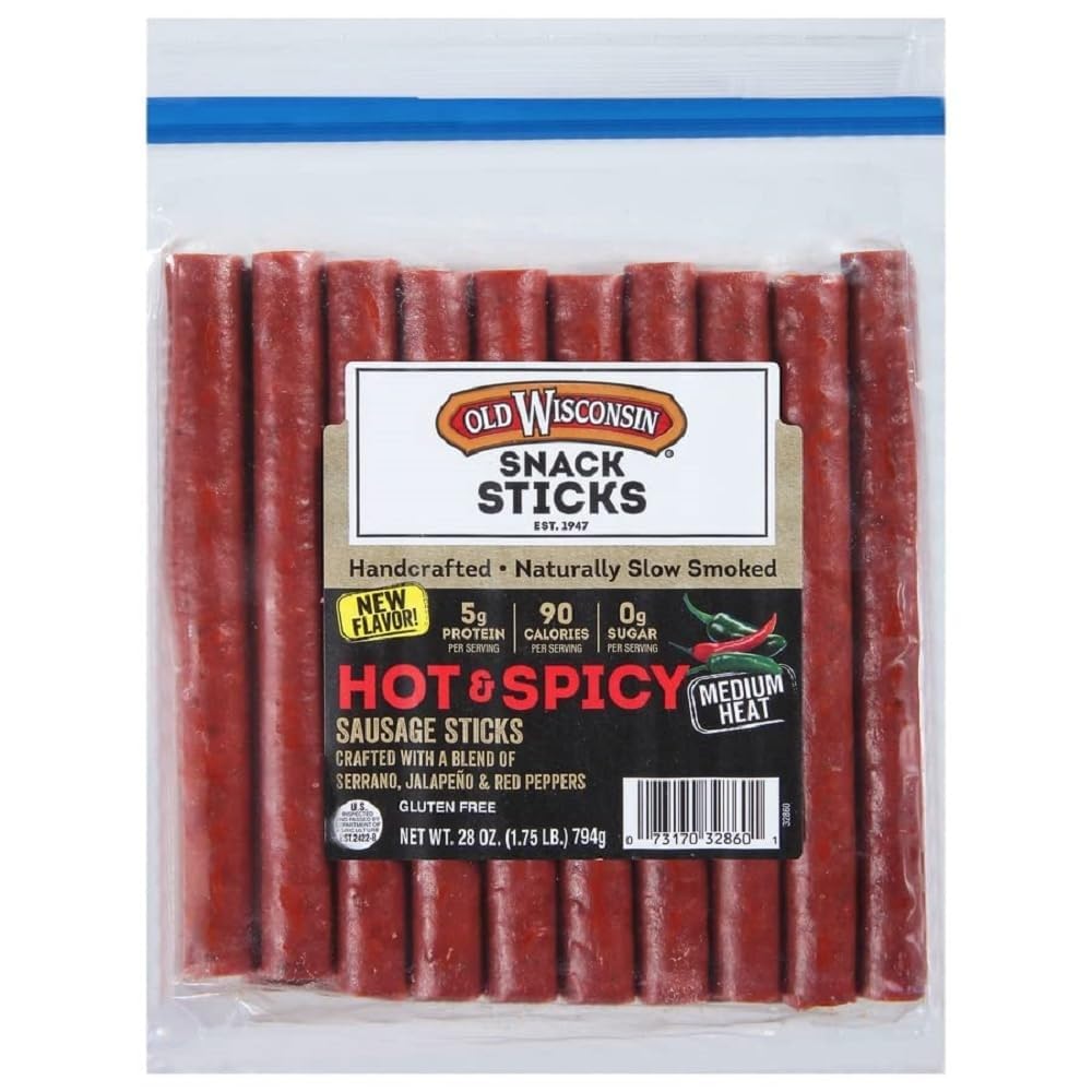 Old Wisconsin front pack showing resealable bag and spicy appeal for convenient snacking