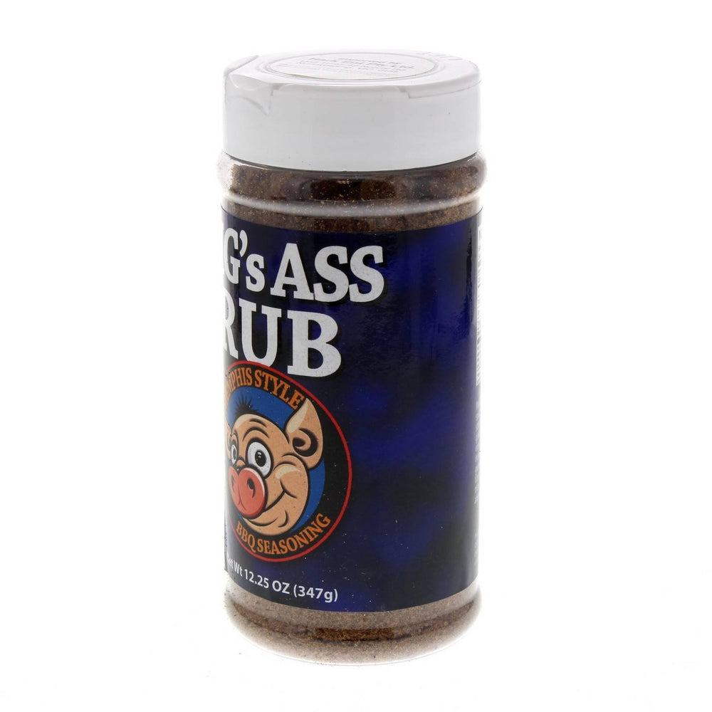 Old World Pig's Ass Rub label close-up highlighting Memphis-style flavor and ingredients