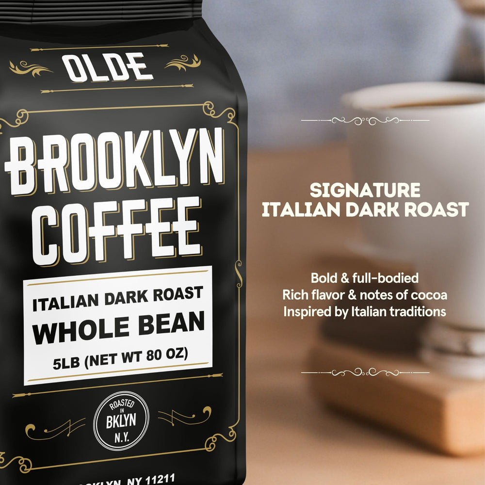 OLDE BROOKLYN COFFEE bean close-up texture with glossy roast, emphasizing rich aroma