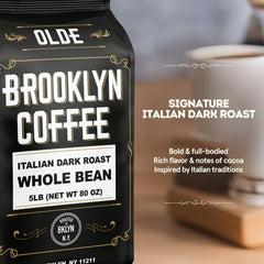 OLDE BROOKLYN COFFEE bean close-up texture with glossy roast, emphasizing rich aroma