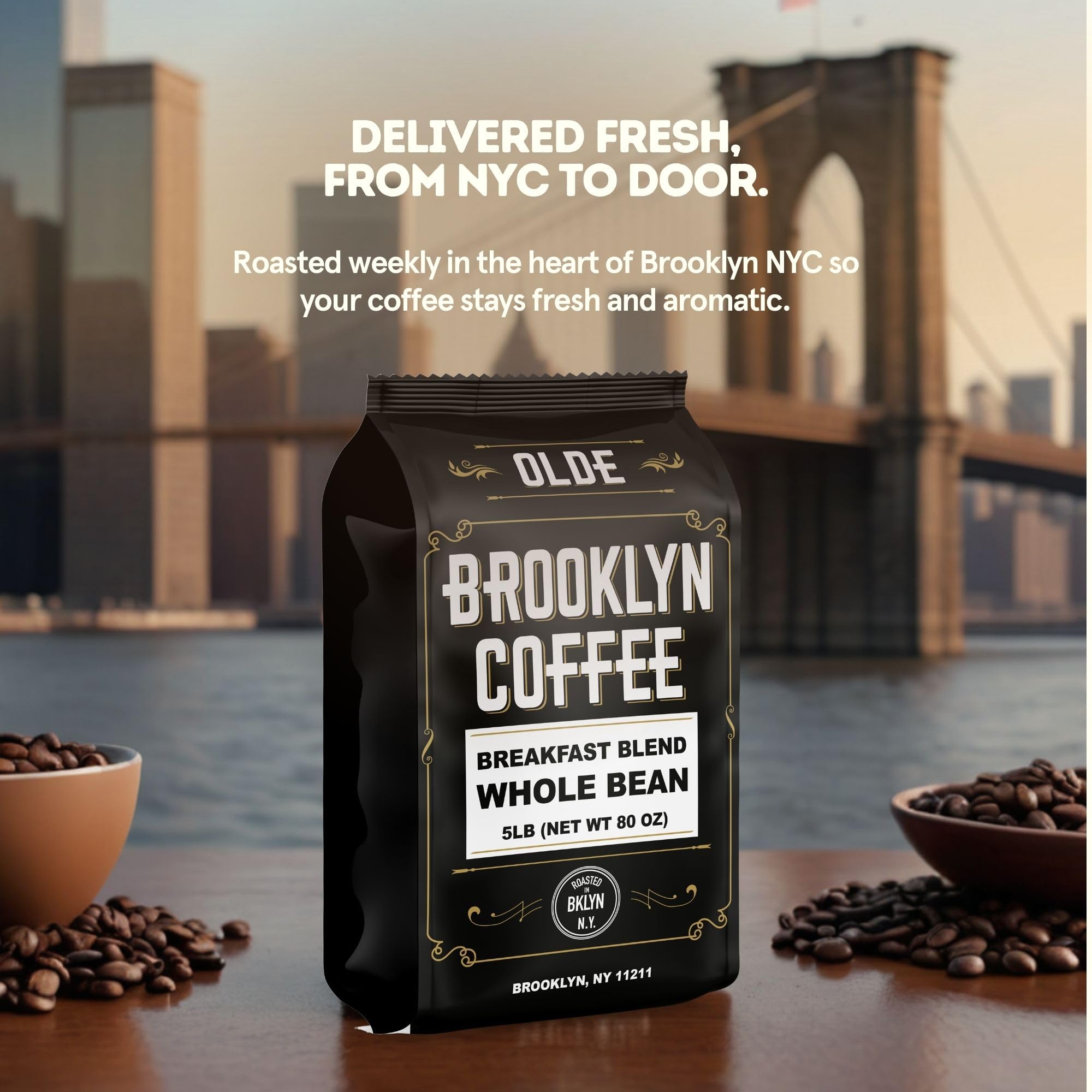 OLDE BROOKLYN COFFEE whole beans close-up highlighting roast color and texture