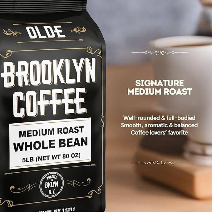 OLDE BROOKLYN COFFEE close-up of whole-bean texture highlighting roast uniformity