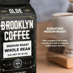 OLDE BROOKLYN COFFEE close-up of whole-bean texture highlighting roast uniformity