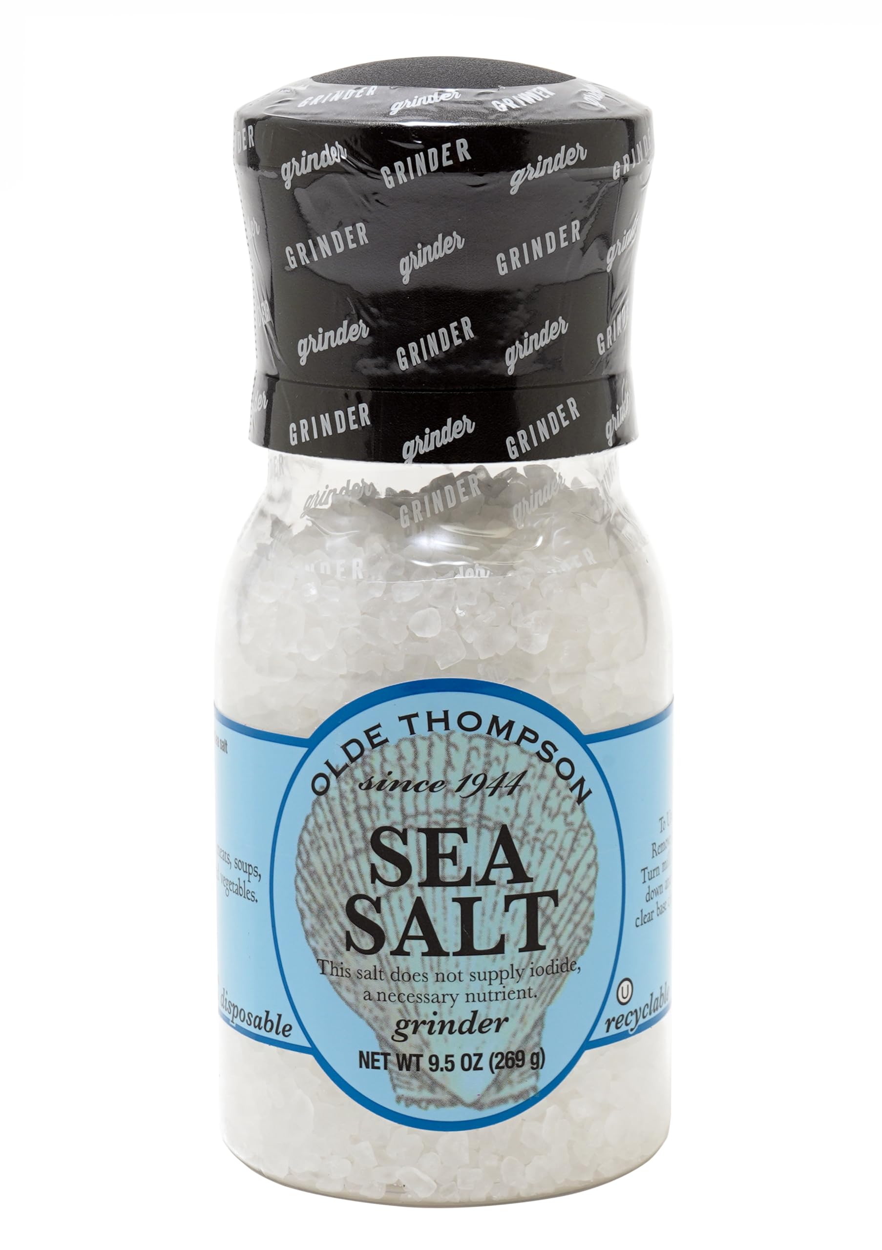 OLDE THOMPSON front packaging showing 9.5 oz coarse sea salt, clear view and measured supply