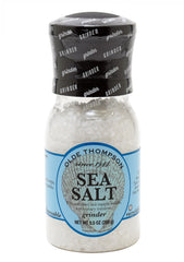OLDE THOMPSON front packaging showing 9.5 oz coarse sea salt, clear view and measured supply