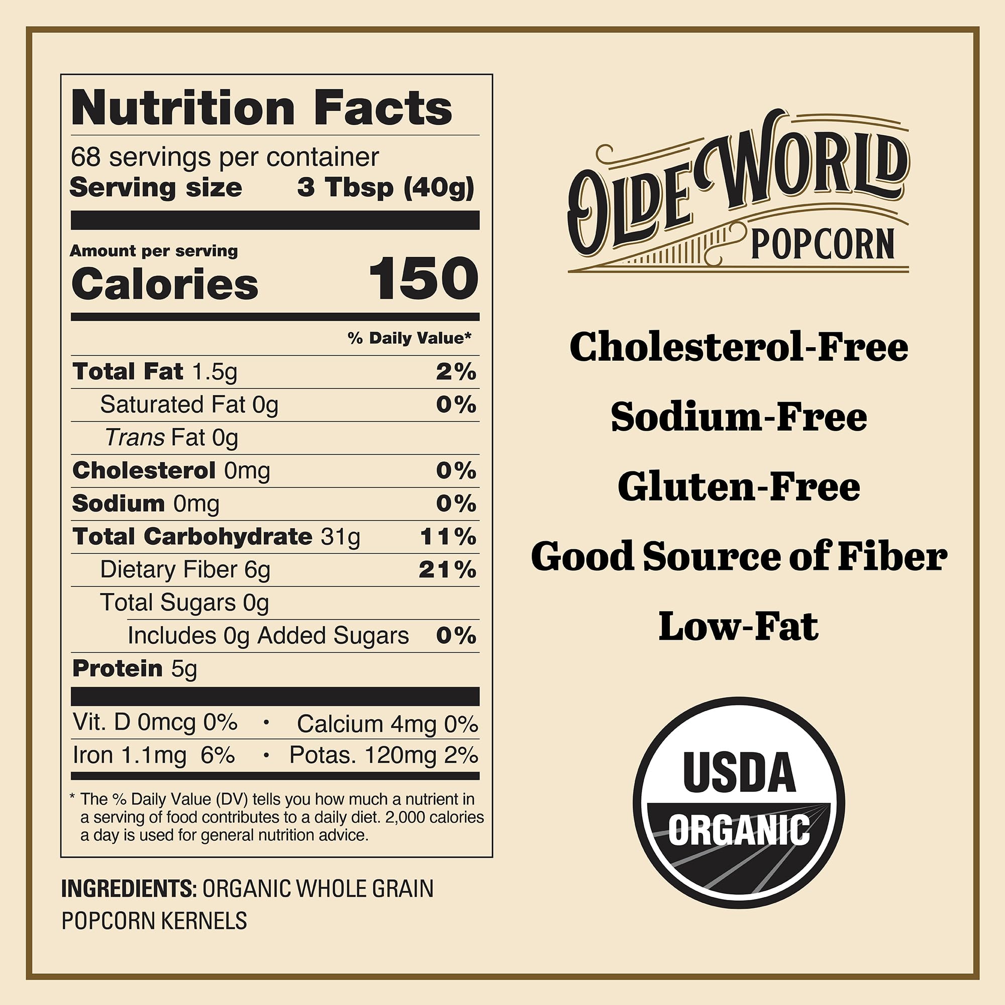Olde World Popcorn opened bag with kernels spilling out illustrating freshness and pantry-ready supply