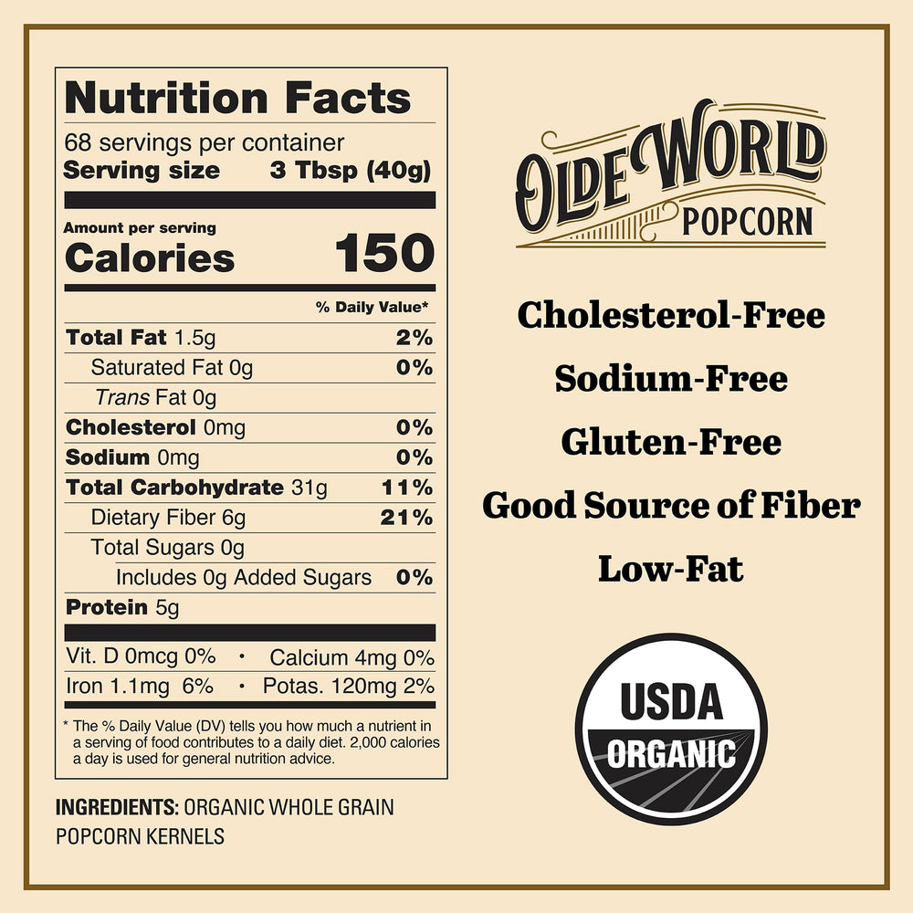 Olde World Popcorn opened bag with kernels spilling out illustrating freshness and pantry-ready supply