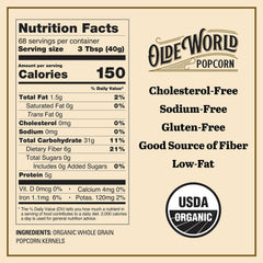 Olde World Popcorn opened bag with kernels spilling out illustrating freshness and pantry-ready supply