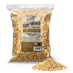 Olde World Popcorn front packaging showing 6 lb organic bag and clean label benefit