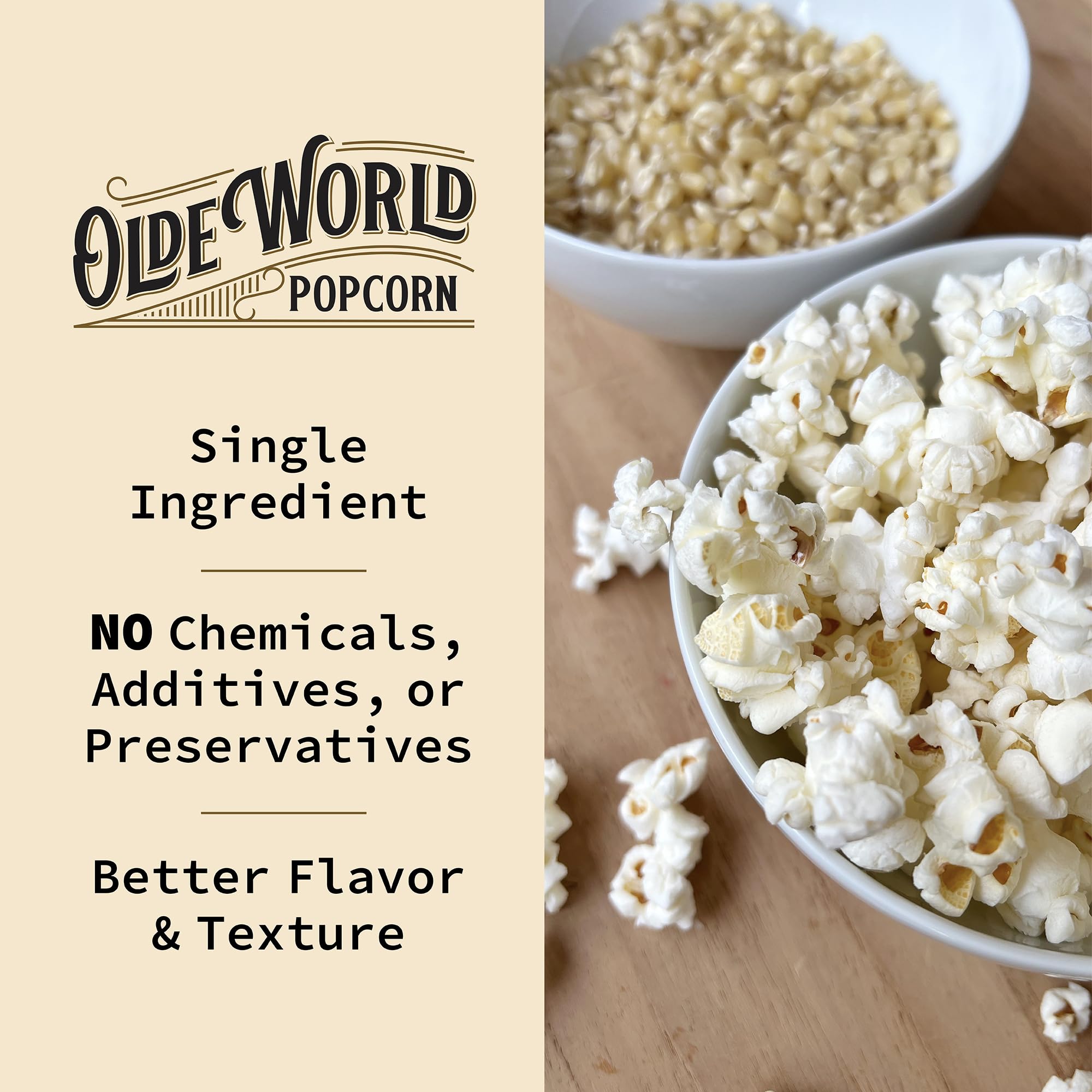 Olde World Popcorn nutrition label close-up showing organic non-GMO facts and ingredient simplicity