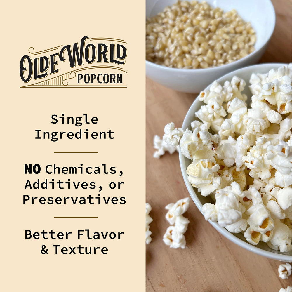 Olde World Popcorn nutrition label close-up showing organic non-GMO facts and ingredient simplicity