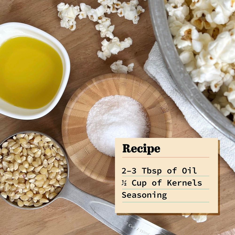 Olde World Popcorn stovetop popping with steam showing easy home preparation and volume