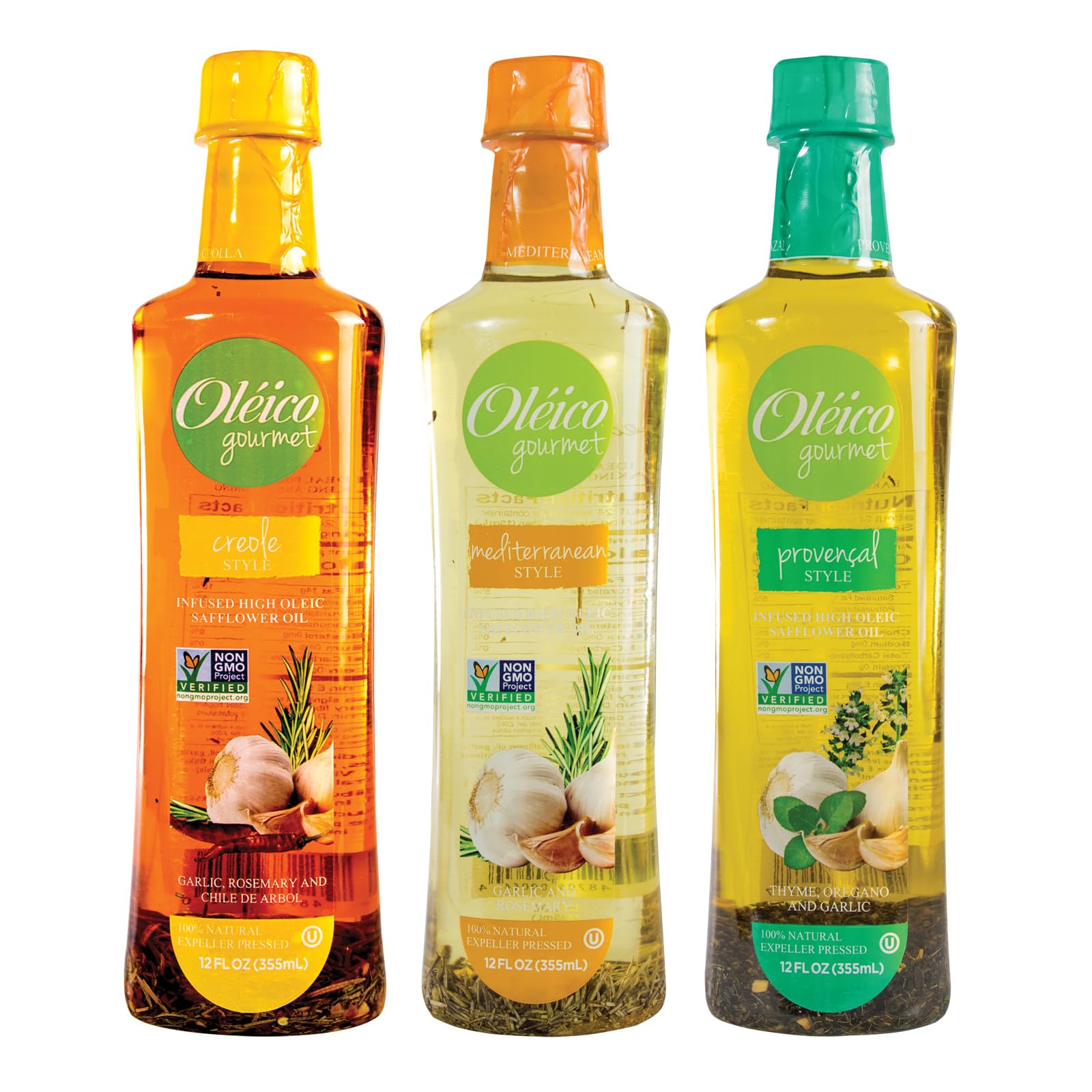 Oleico front packaging trio showing three infused safflower bottles for versatile cooking