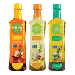 Oleico front packaging trio showing three infused safflower bottles for versatile cooking