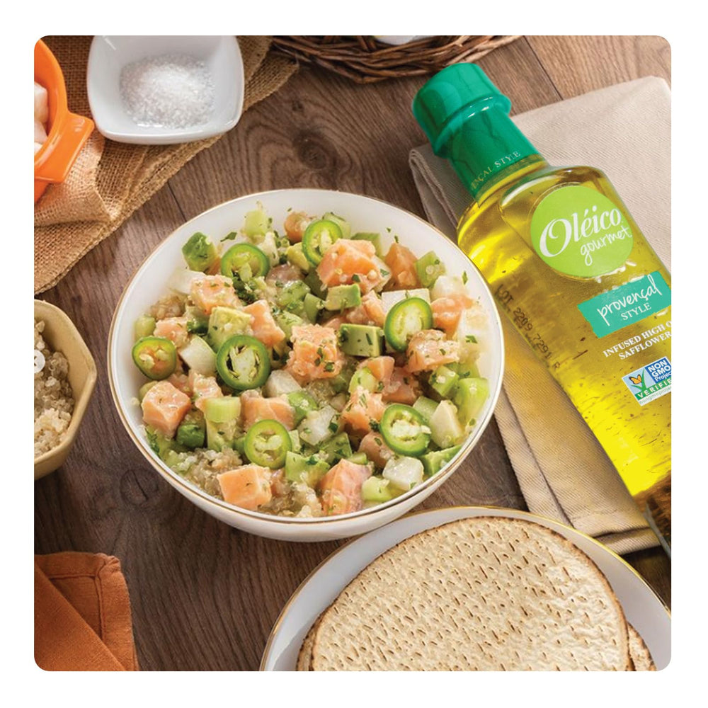 Oleico label close-up highlighting non-GMO, kosher and vitamin E benefits