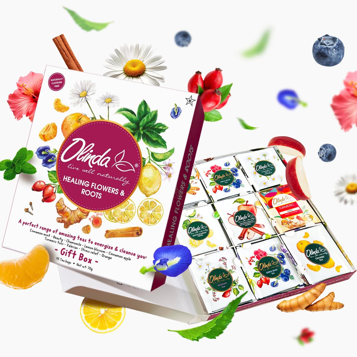 Olinda gift box front packaging showing nine tea varieties and premium presentation