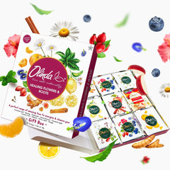 Olinda gift box front packaging showing nine tea varieties and premium presentation