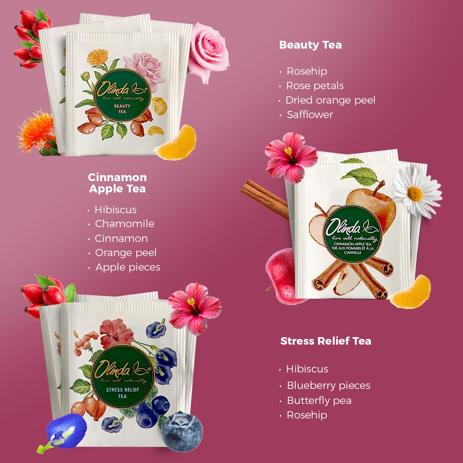 Olinda tea bag close-up of individual wrapper highlighting freshness and convenience