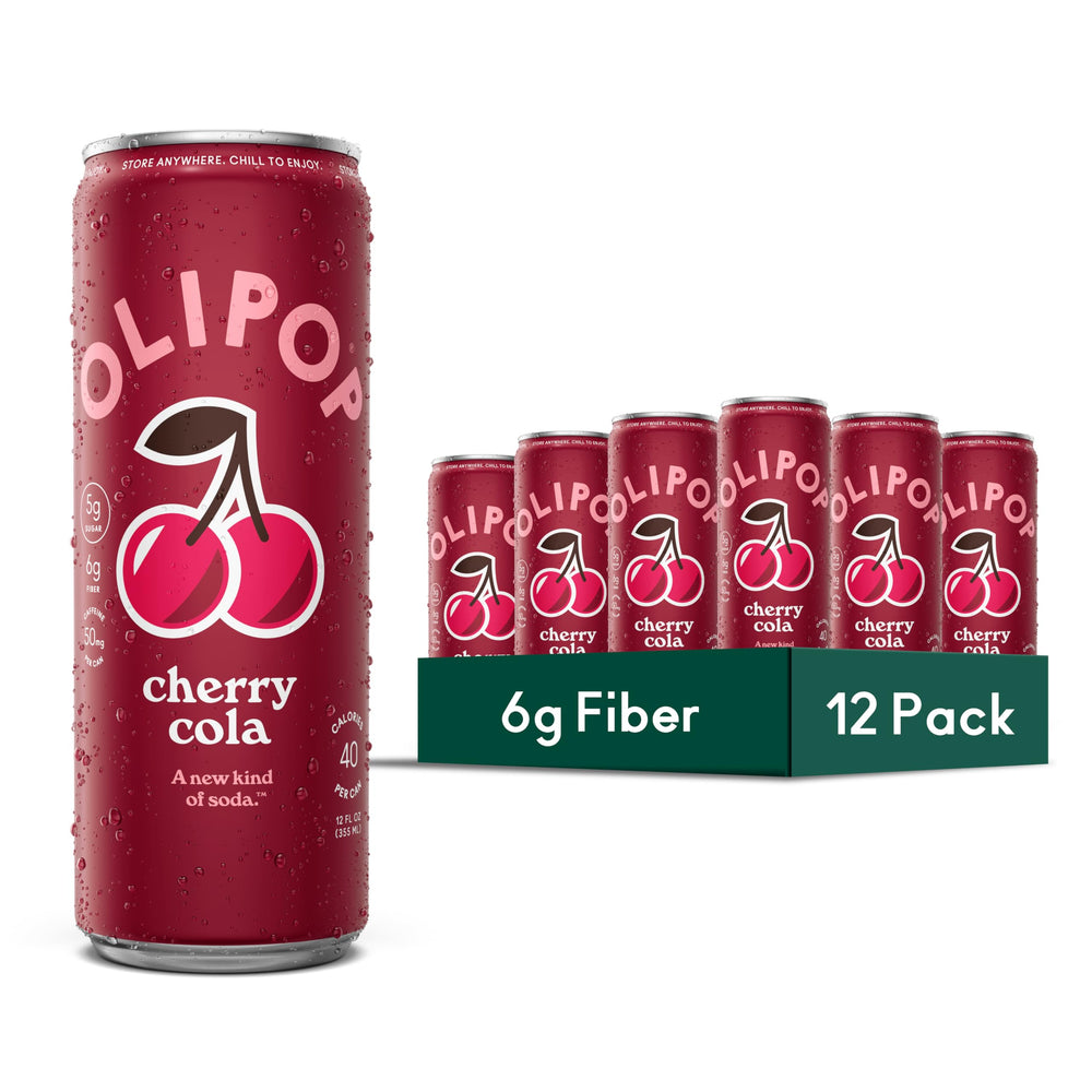 OLIPOP cherry cola front packaging showing 12-pack and benefits