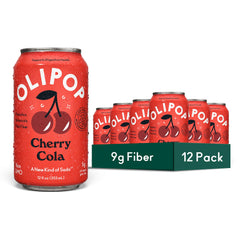 OLIPOP cherry cola front packaging showing 12-pack can arrangement and branding benefits