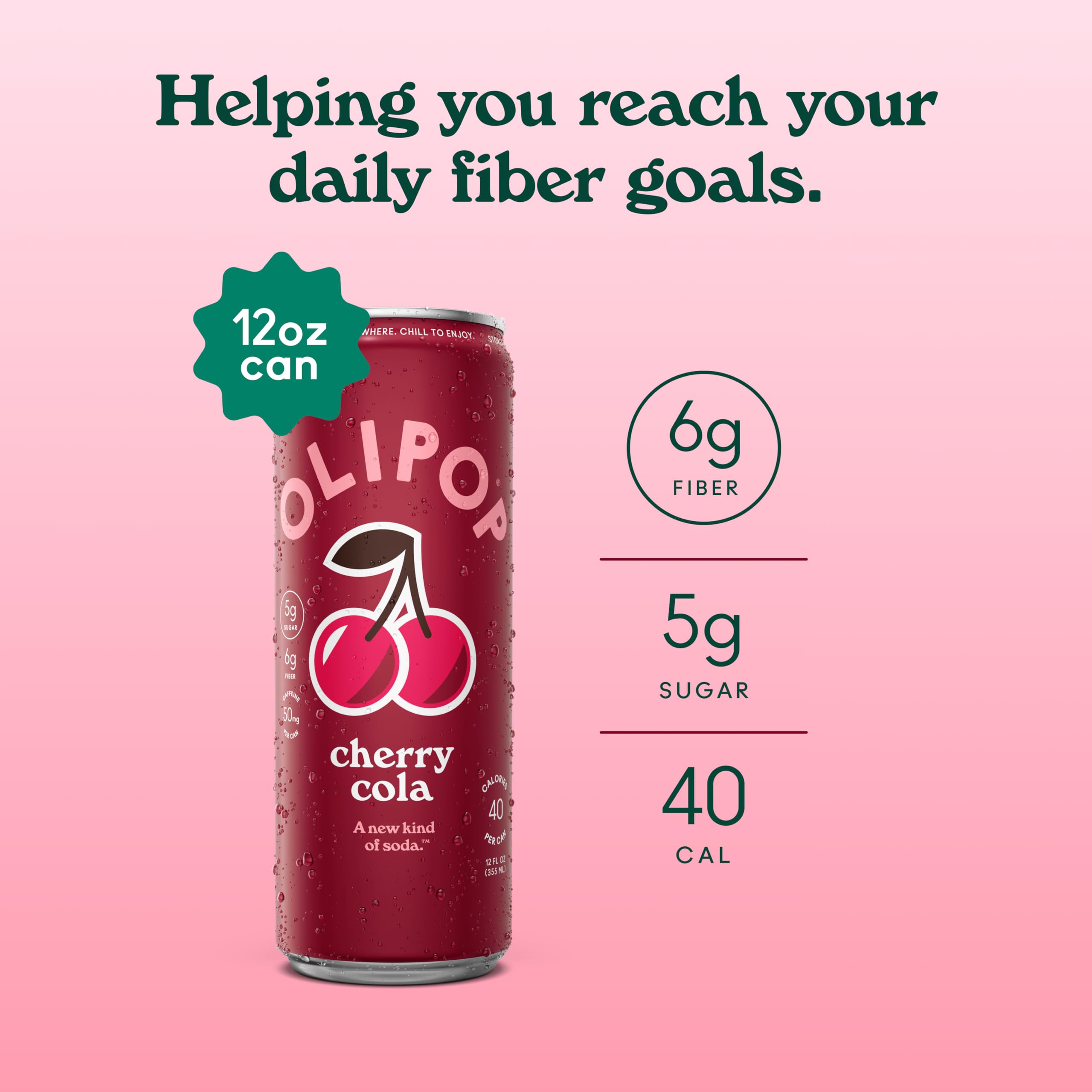 OLIPOP cherry cola open can pouring into glass for refreshing sip