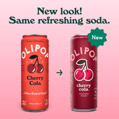 OLIPOP cherry cola slim can side label highlighting fiber facts