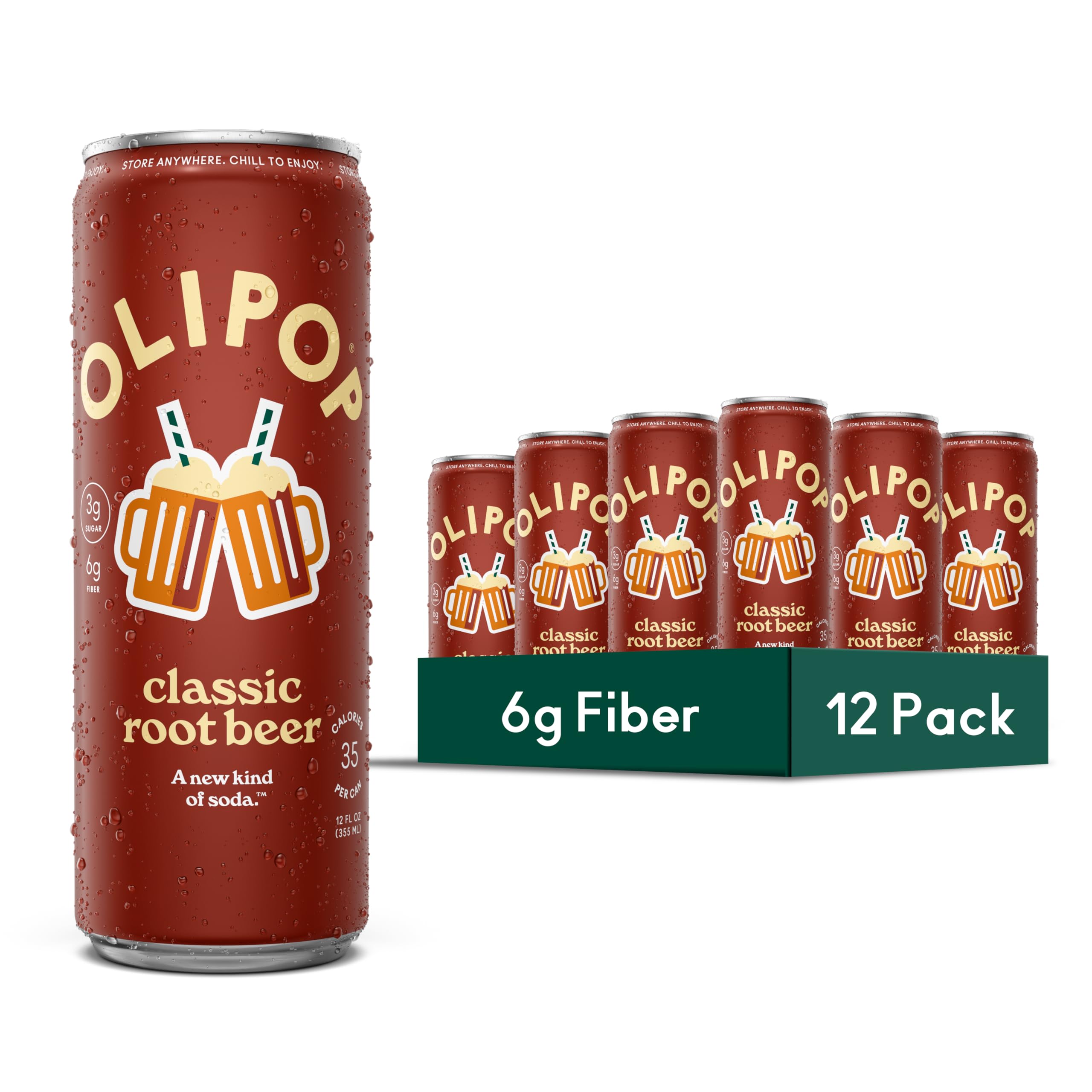 OLIPOP front packaging showing Classic Root Beer 12-pack and benefits