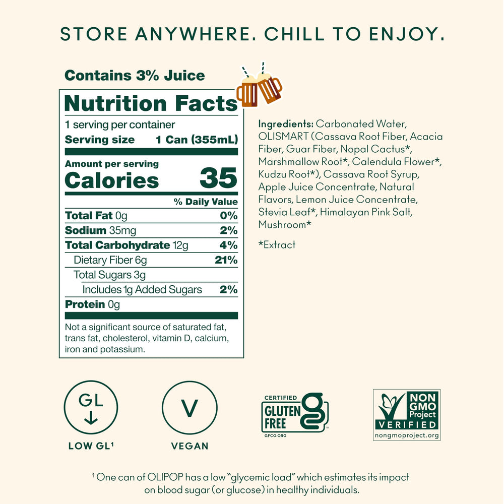 OLIPOP nutrition label close-up showing fiber and low-sugar benefits