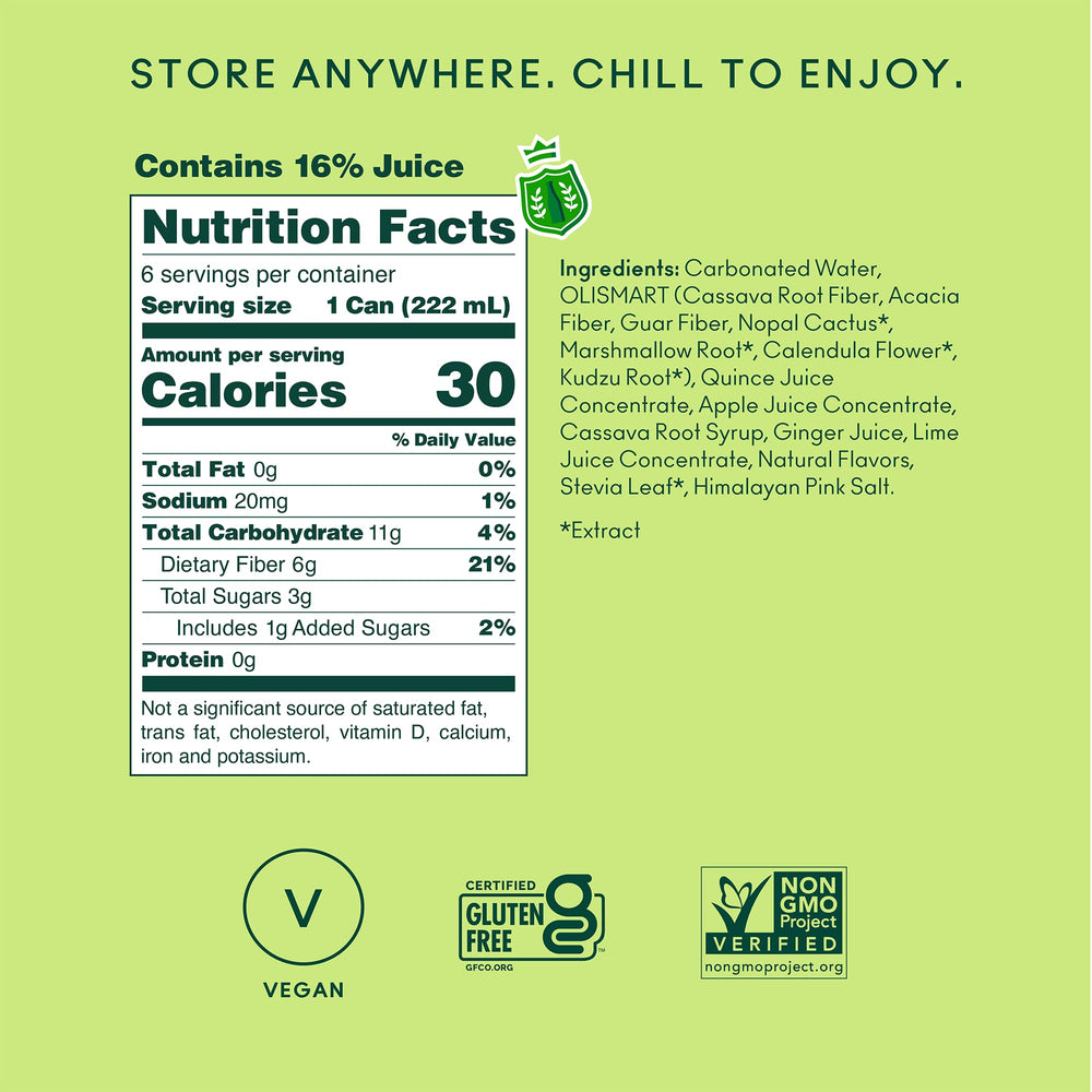 OLIPOP can in hand for scale demonstrating compact 7.5 fl oz size, brand portion-control benefit