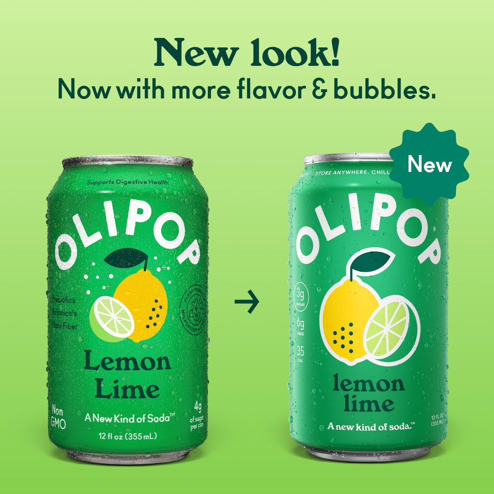 OLIPOP lemon lime can close-up highlighting texture, carbonation, and appeal