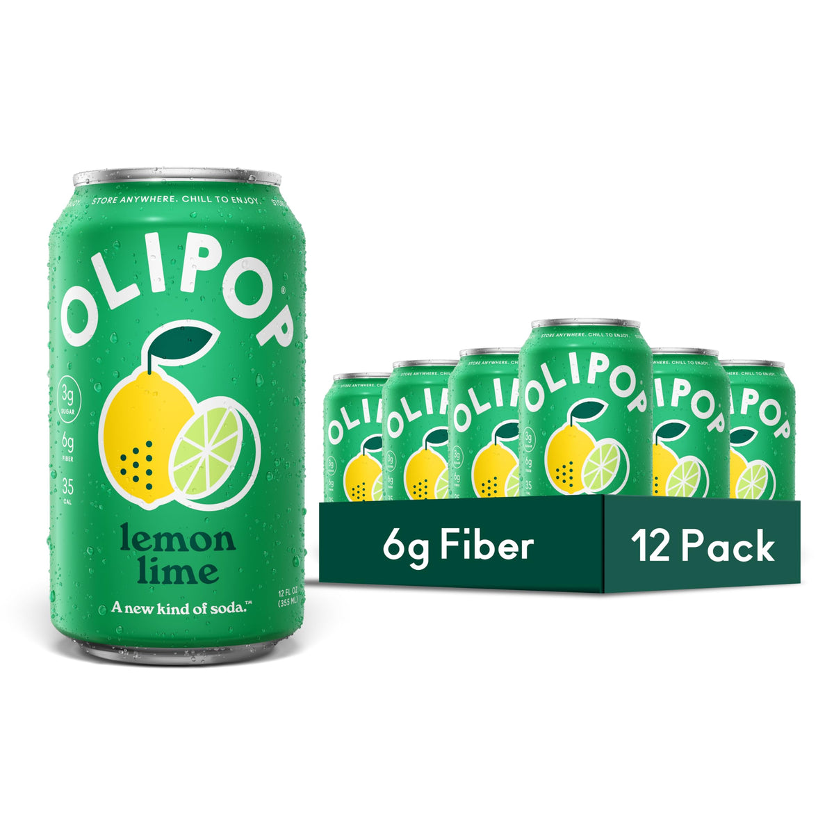 OLIPOP lemon lime front packaging showing 12-pack and bright label benefits
