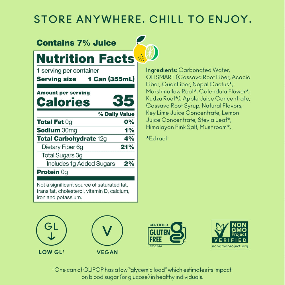 OLIPOP lemon lime ingredients label close-up showing fiber and prebiotic listing