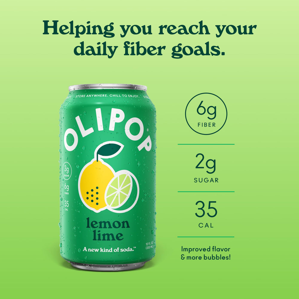 OLIPOP lemon lime poured into a glass with ice showing fizzy refreshment
