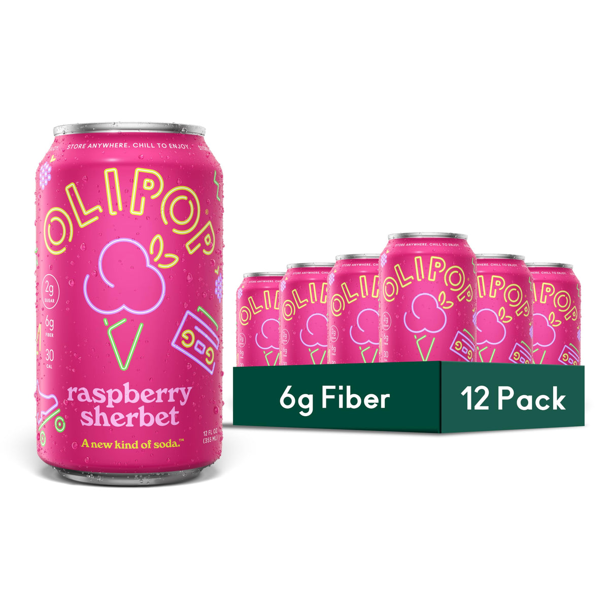 OLIPOP can front packaging showing Raspberry Sherbet and fiber benefits