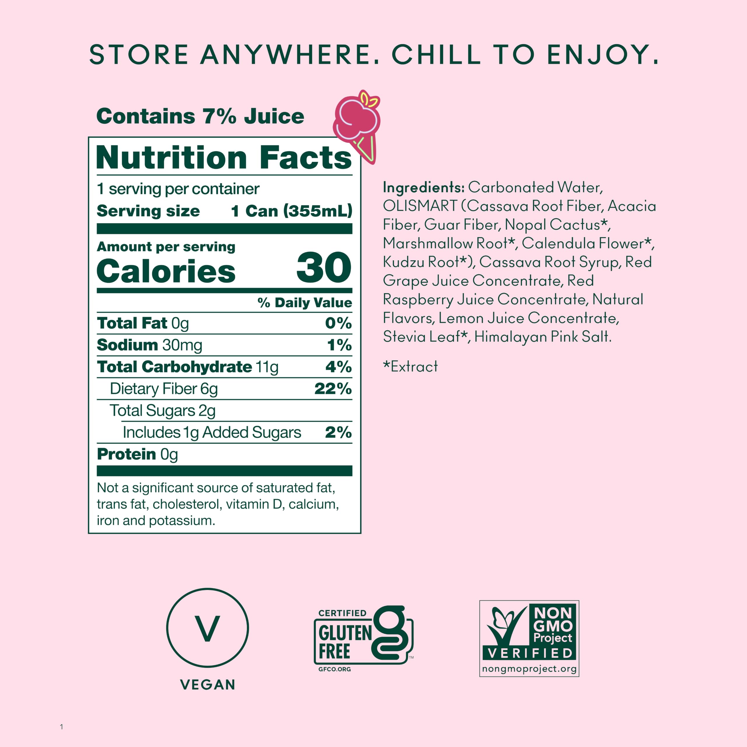 OLIPOP display of natural botanicals and plant fiber ingredients benefits