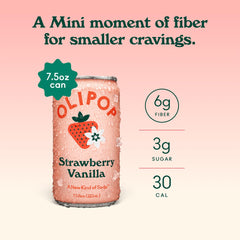 OLIPOP close-up of can label highlighting strawberry vanilla flavor and fiber facts