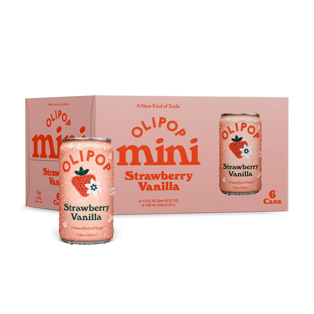 OLIPOP front packaging showing six mini cans and bright fruit visuals, refreshing option