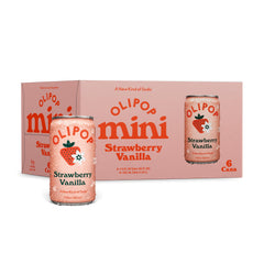 OLIPOP front packaging showing six mini cans and bright fruit visuals, refreshing option