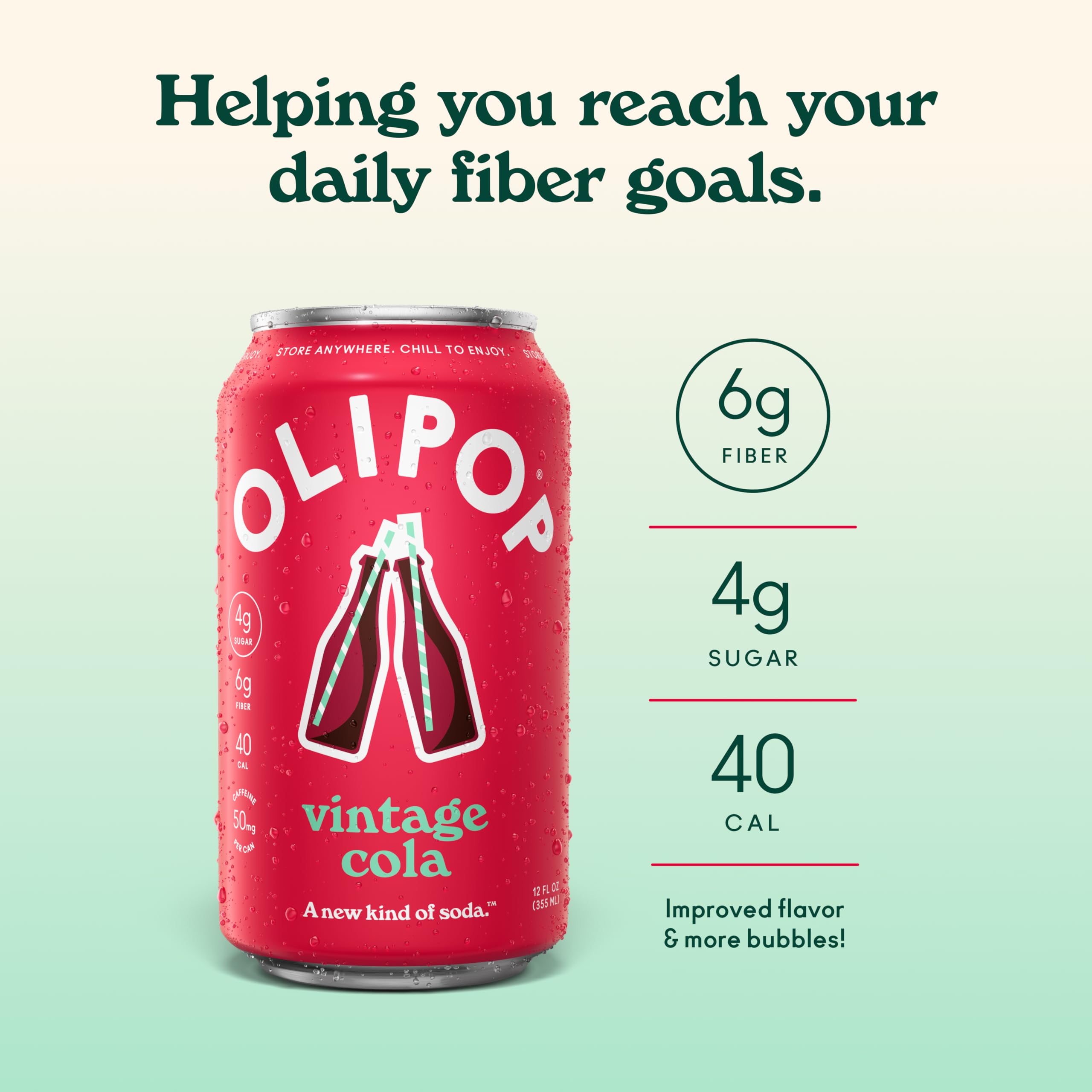 OLIPOP Vintage Cola pouring into glass demonstrates brand taste and serving suggestion