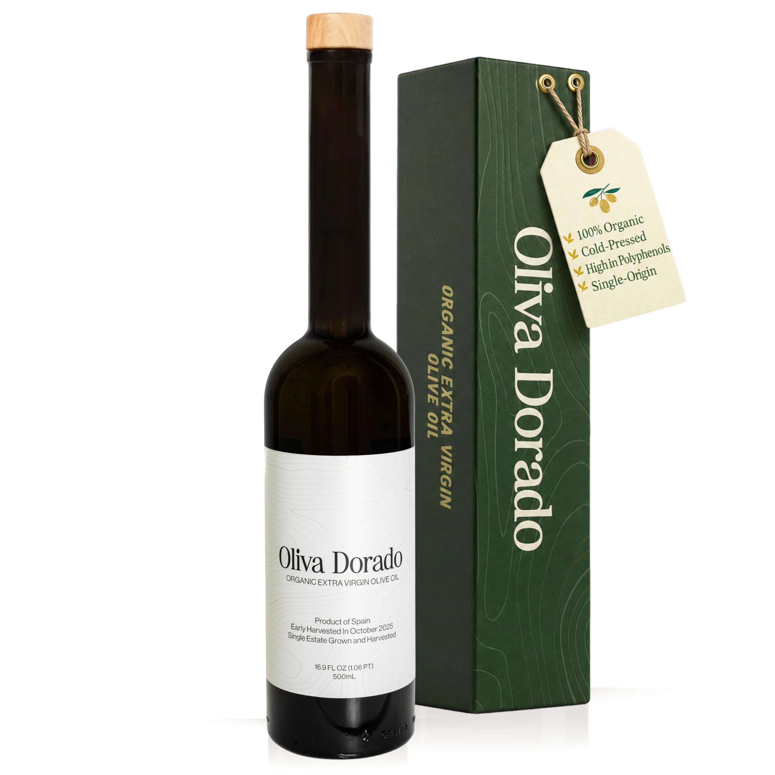 Oliva Dorado front bottle showing label and organic certification benefit